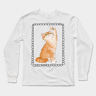 Kitty Reaching for a Bee with Border Long Sleeve T-Shirt